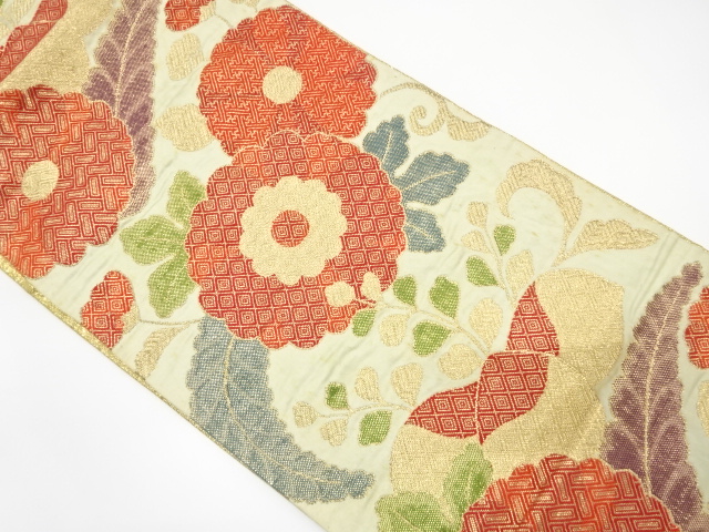 JAPANESE KIMONO / ANTIQUE FUKURO OBI / SILK / WOVEN KIKU & PAULOWNIA